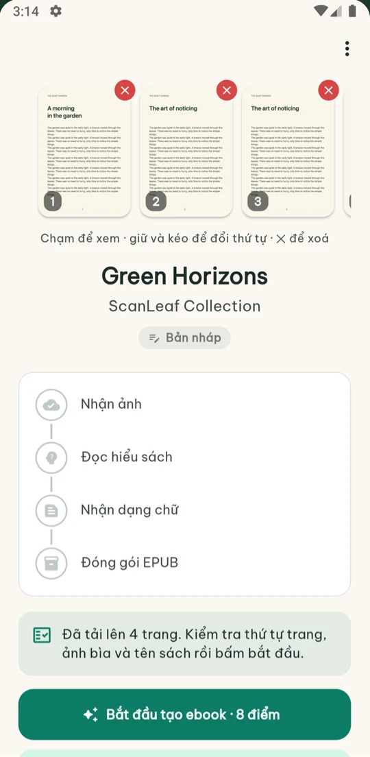 Màn kiểm tra các trang đã chụp trước khi tạo ebook